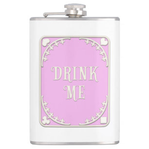 "Drink Me" Whimsical Victorian Filigree Pink Hip Flask