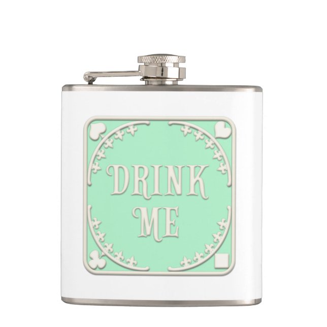 "Drink Me" Wonderland Tea Party Green Emblem Hip Flask (Front)