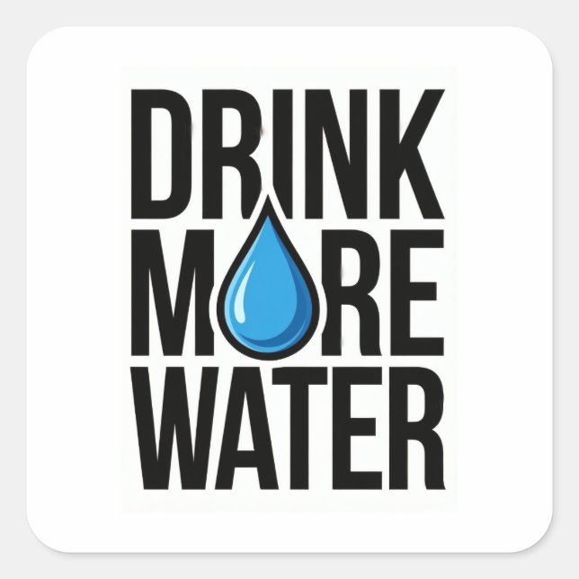 DRINK MORE WATER with a blue drop icon Square Sticker (Front)