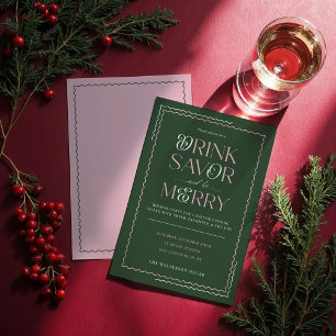 Drink Savour and Be Merry Retro Wavy Holiday Party Invitation