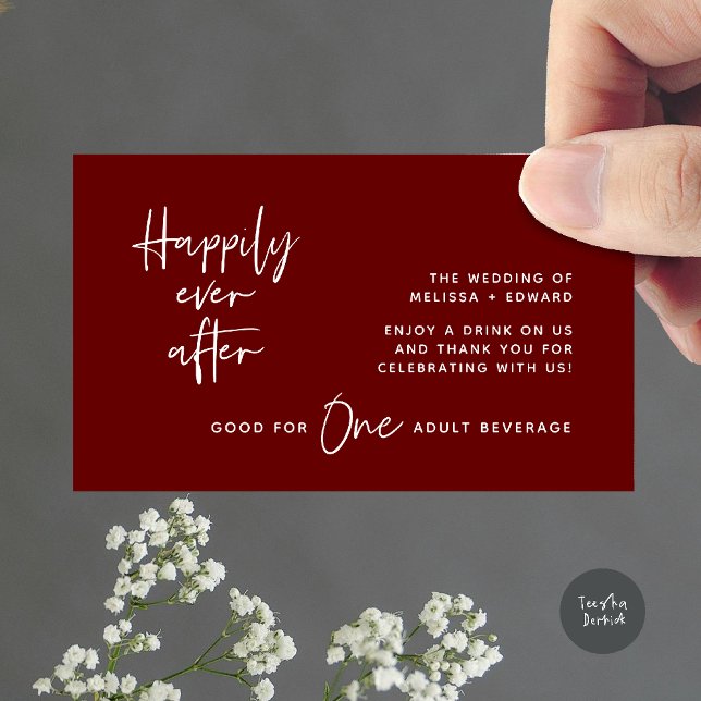 Drink Ticket Adult Beverage Happily Ever After Enclosure Card (Drink Ticket Adult Beverage Happily Ever After Modern Romantic Party Enclosure Card in Burgundy Wine)