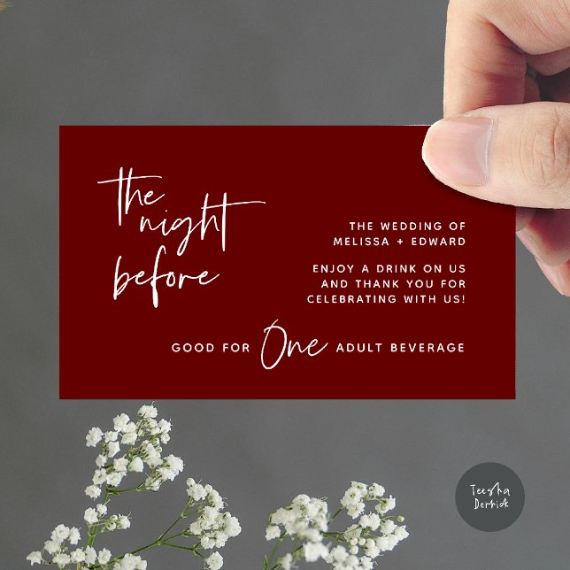 Drink Ticket Adult Beverage The Night Before Party Enclosure Card (Drink Ticket Adult Beverage The Night Before Modern Romantic Party Enclosure Card in Burgundy Wine)