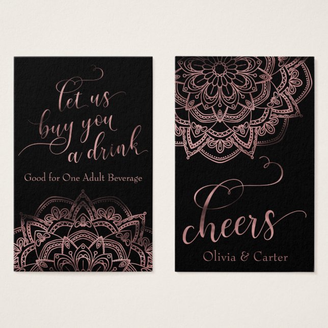 Drink Tickets, Elegant Rose Gold Script & Mandala (Front & Back)