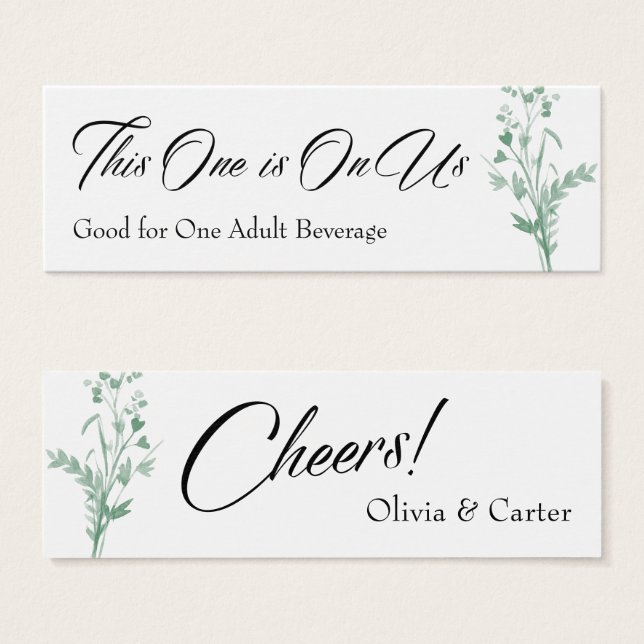 Drink Tickets, Green Watercolor Botanical Spray (Front & Back)