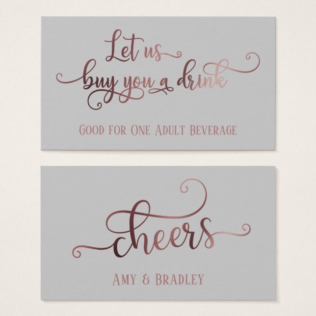 Drink Tickets | Rose Gold Script & Editable Grey (Front & Back)
