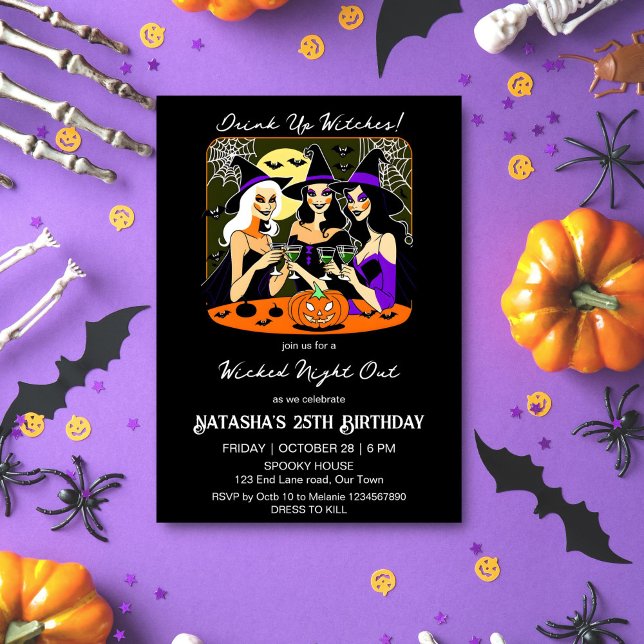 Drink up witches adult Halloween birthday party Invitation (Drink up witches Halloween birthday party template invitation digital download pretty witches wine)