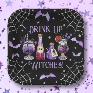Drink Up Witches Cocktails and Costume Halloween Paper Plate