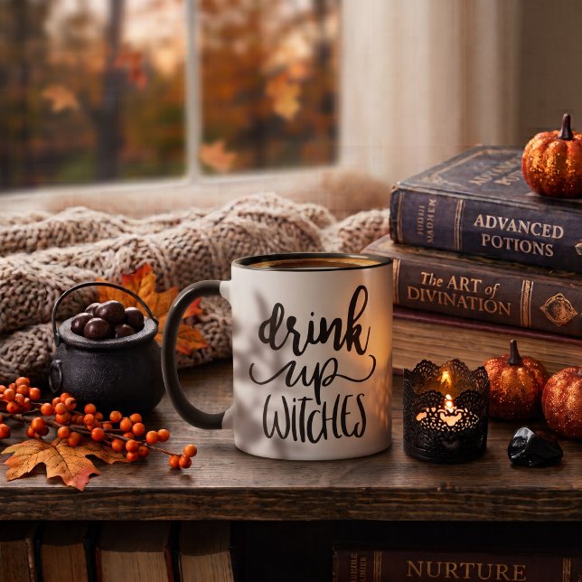 Drink Up Witches Funny Halloween Script Quote Mug (Brew up some fun with this Drink Up Witches funny Halloween script quote design. )