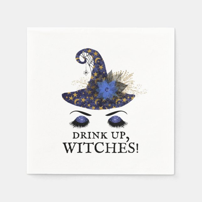 Drink Up Witches Halloween Blue Witch Hat Napkin (Front)