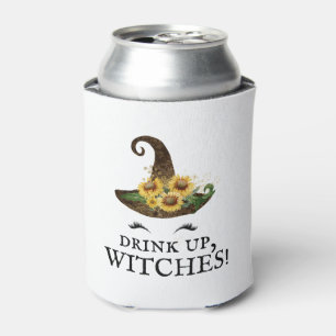 "Drink Up, Witches!" Rustic Sunflower Halloween Can Cooler