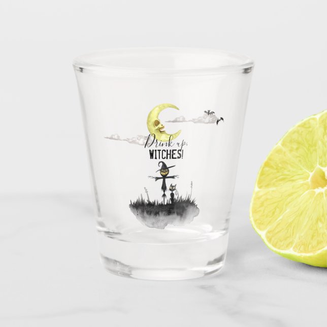Drink Up Witches Spooky Halloween Scene Watercolor Shot Glass (Front)