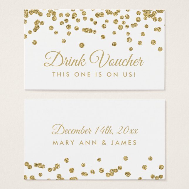 Drink Voucher Gold Faux Glitter Confetti White (Front & Back)