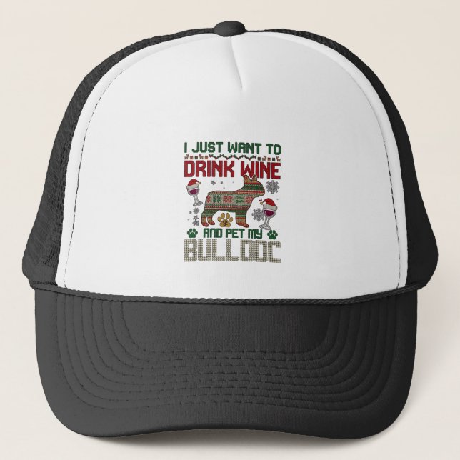 Drink Wine Bulldog Dog Ugly Sweater Santa Hat (Front)