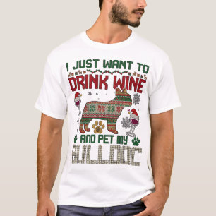 Drink Wine Bulldog Dog Ugly Sweater Santa Hat