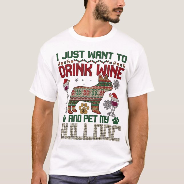 Drink Wine Bulldog Dog Ugly Sweater Santa Hat (Front)