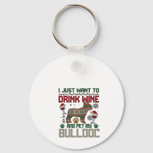 Drink Wine Bulldog Dog Ugly Sweater Santa Hat Key Ring