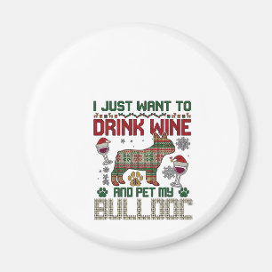 Drink Wine Bulldog Dog Ugly Sweater Santa Hat Magnet
