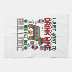 Drink Wine Bulldog Dog Ugly Sweater Santa Hat Tea Towel