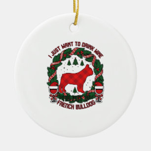 Drink Wine French Bulldog Dog Red Plaid Christmas  Ceramic Tree Decoration
