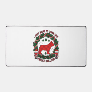 Drink Wine French Bulldog Dog Red Plaid Christmas Desk Mat