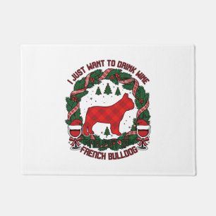Drink Wine French Bulldog Dog Red Plaid Christmas Doormat