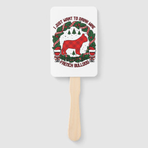 Drink Wine French Bulldog Dog Red Plaid Christmas Hand Fan