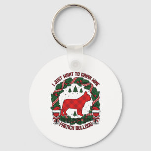 Drink Wine French Bulldog Dog Red Plaid Christmas Key Ring