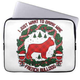 Drink Wine French Bulldog Dog Red Plaid Christmas Laptop Sleeve