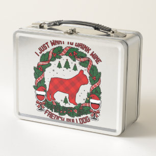 Drink Wine French Bulldog Dog Red Plaid Christmas Metal Lunch Box