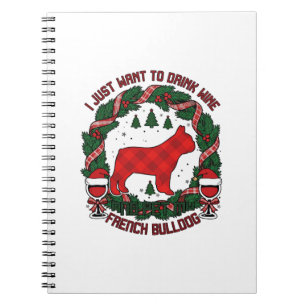 Drink Wine French Bulldog Dog Red Plaid Christmas  Notebook