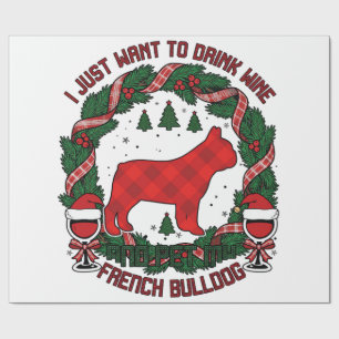 Drink Wine French Bulldog Dog Red Plaid Christmas Wrapping Paper