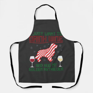 Drink Wine Hug Golden Retriever Christmas Apron