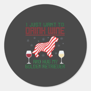 Drink Wine Hug Golden Retriever Christmas Classic Round Sticker