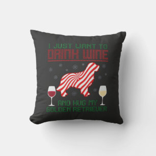 Drink Wine Hug Golden Retriever Christmas Cushion