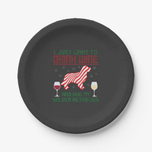 Drink Wine Hug Golden Retriever Christmas Paper Plate