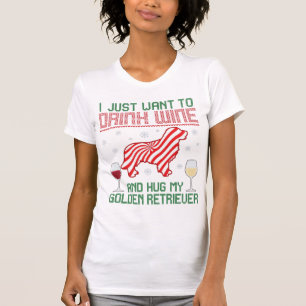 Drink Wine Hug Golden Retriever Christmas T-Shirt