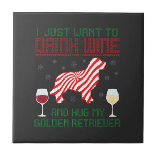 Drink Wine Hug Golden Retriever Christmas Tile