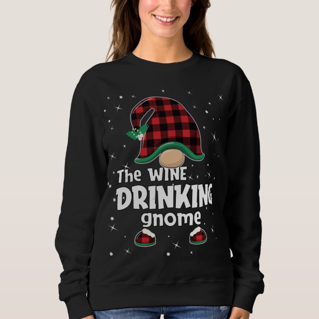 Drinking Gnome Buffalo Plaid Matching Christmas Gi Sweatshirt (Front)