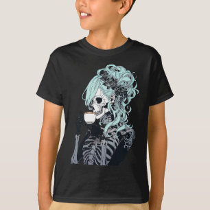 Drinking Skeleton Messy Bun Halloween Costume Girl T-Shirt