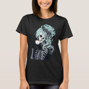 Drinking Skeleton Messy Bun Halloween Costume Girl T-Shirt
