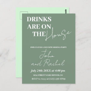 Drinks are on the house housewarming party green postcard