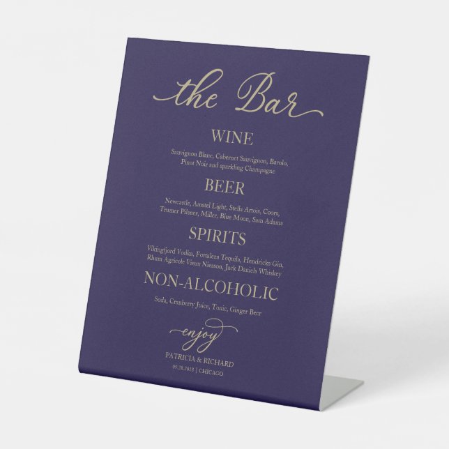 Drinks Bar Elegant Gold Navy Blue Wedding Sign (Front)