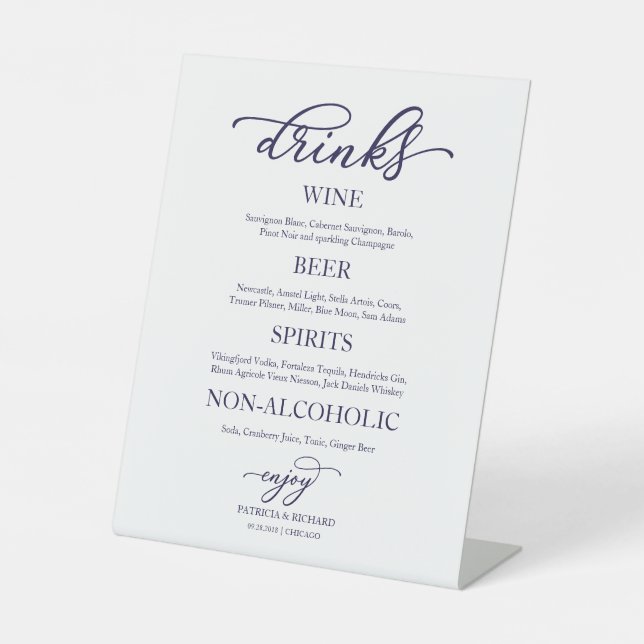 Drinks Bar Elegant Navy Blue Script Wedding Sign (Front)