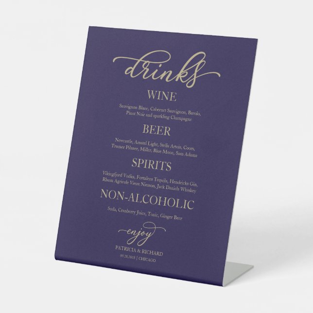 Drinks Bar Gold Script Navy Blue Wedding Sign (Front)