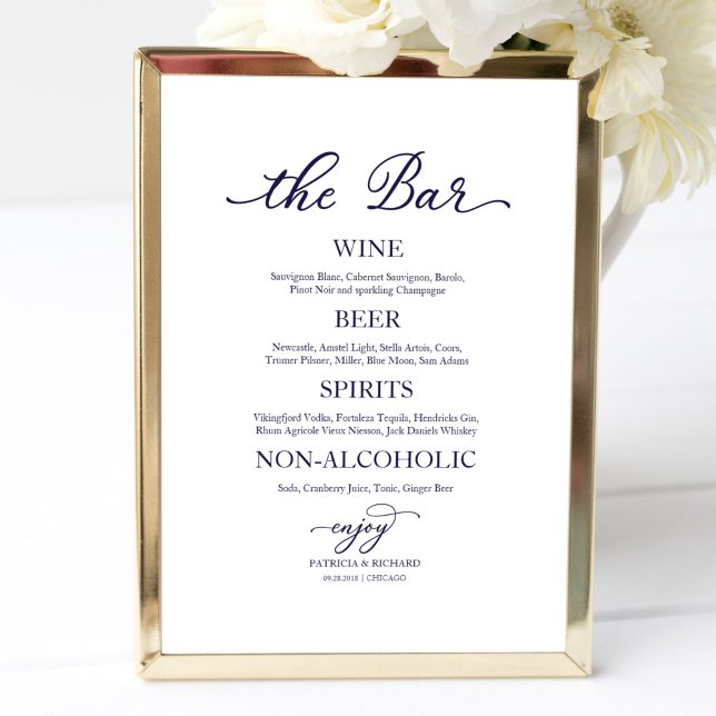 Drinks Bar Navy Blue Calligraphy Wedding Sign (Creator Uploaded)