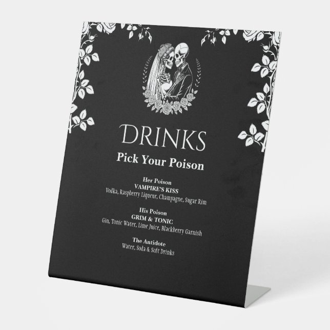 Drinks Black Elegant Gothic Skeleton Wedding Pedestal Sign (Front)