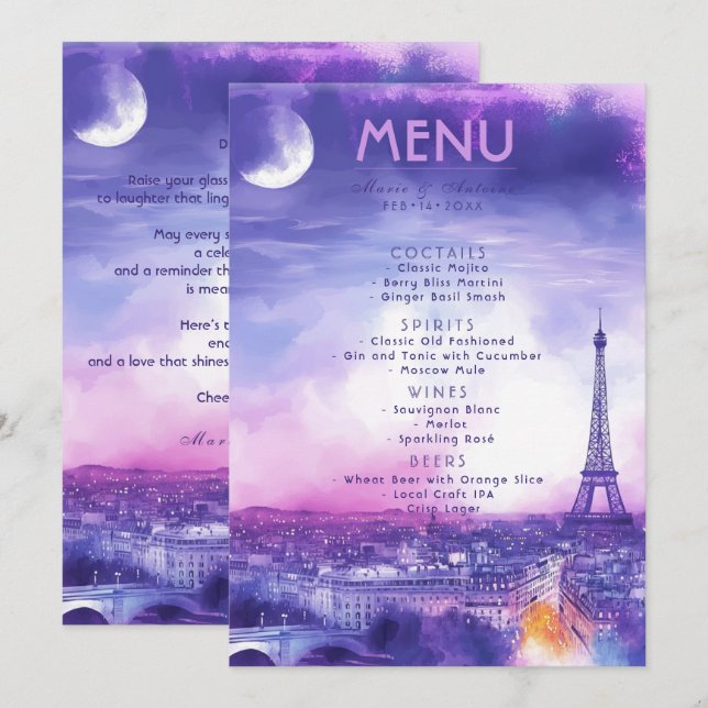 DRINKS + lovely text Amour Éternel  Menu (Front/Back)