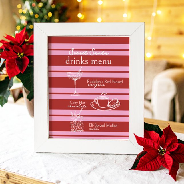 Drinks Menu Secret Santa Cabana Pink Stripe Preppy Poster (Creator Uploaded)