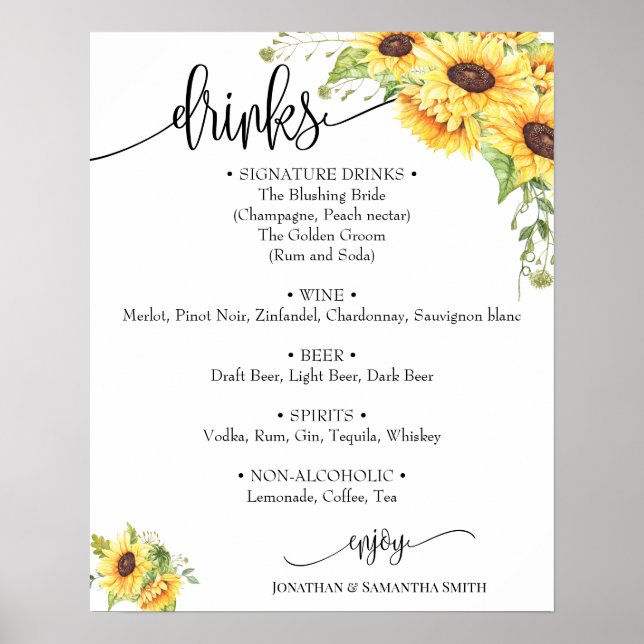 Drinks menu sign wedding sunflower floral boho (Front)
