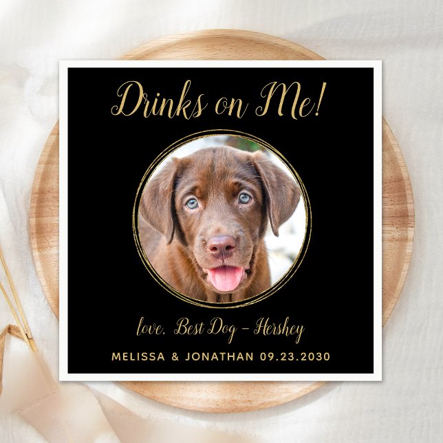 Drinks On Me Black Gold Wedding Pet Dog Photo Napkin (Creator Uploaded)